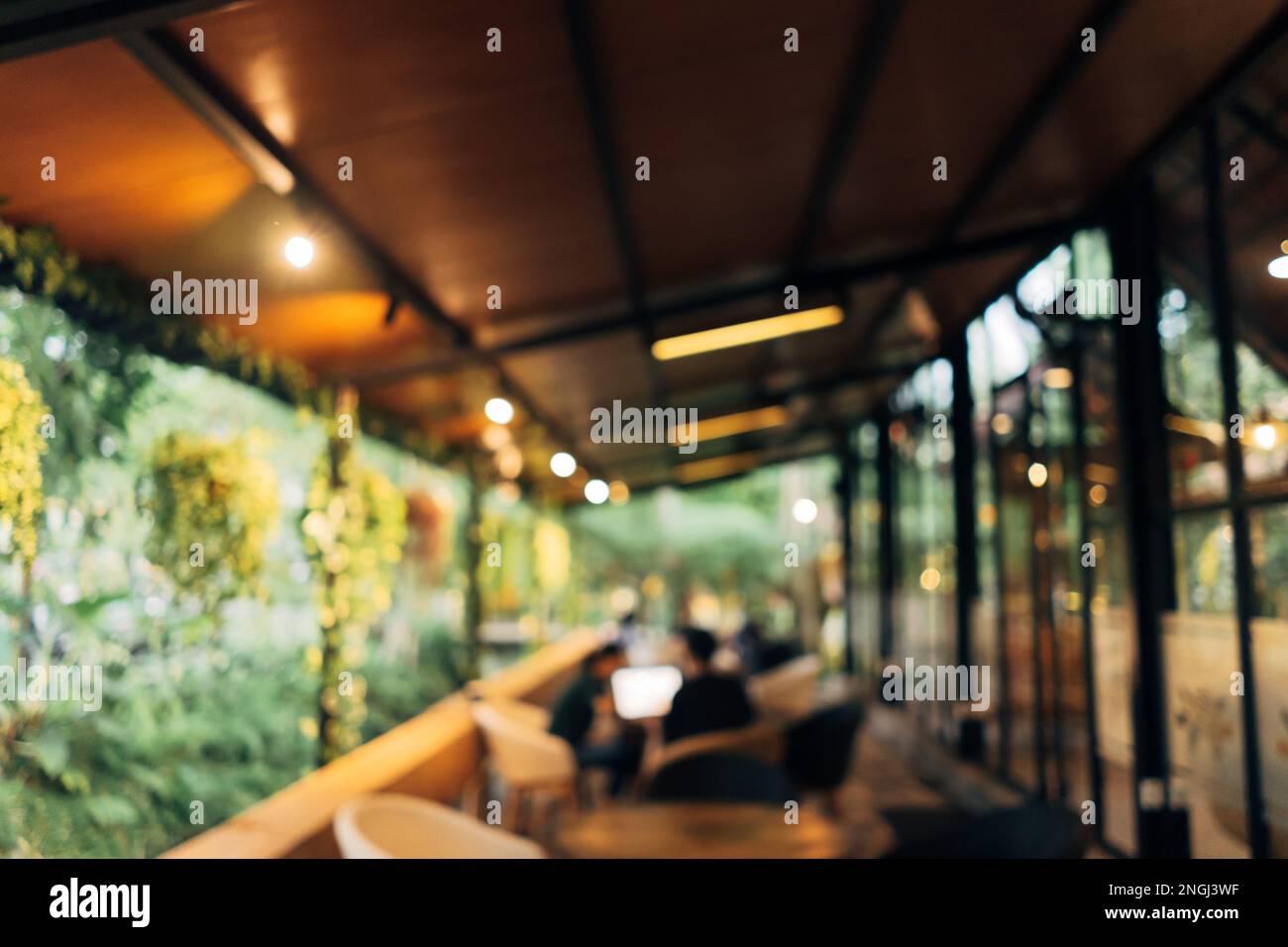blurred defocus outdoor restaurant cafe with green environment and tungsten warm lamp bulb lights decoration. Stock Photo