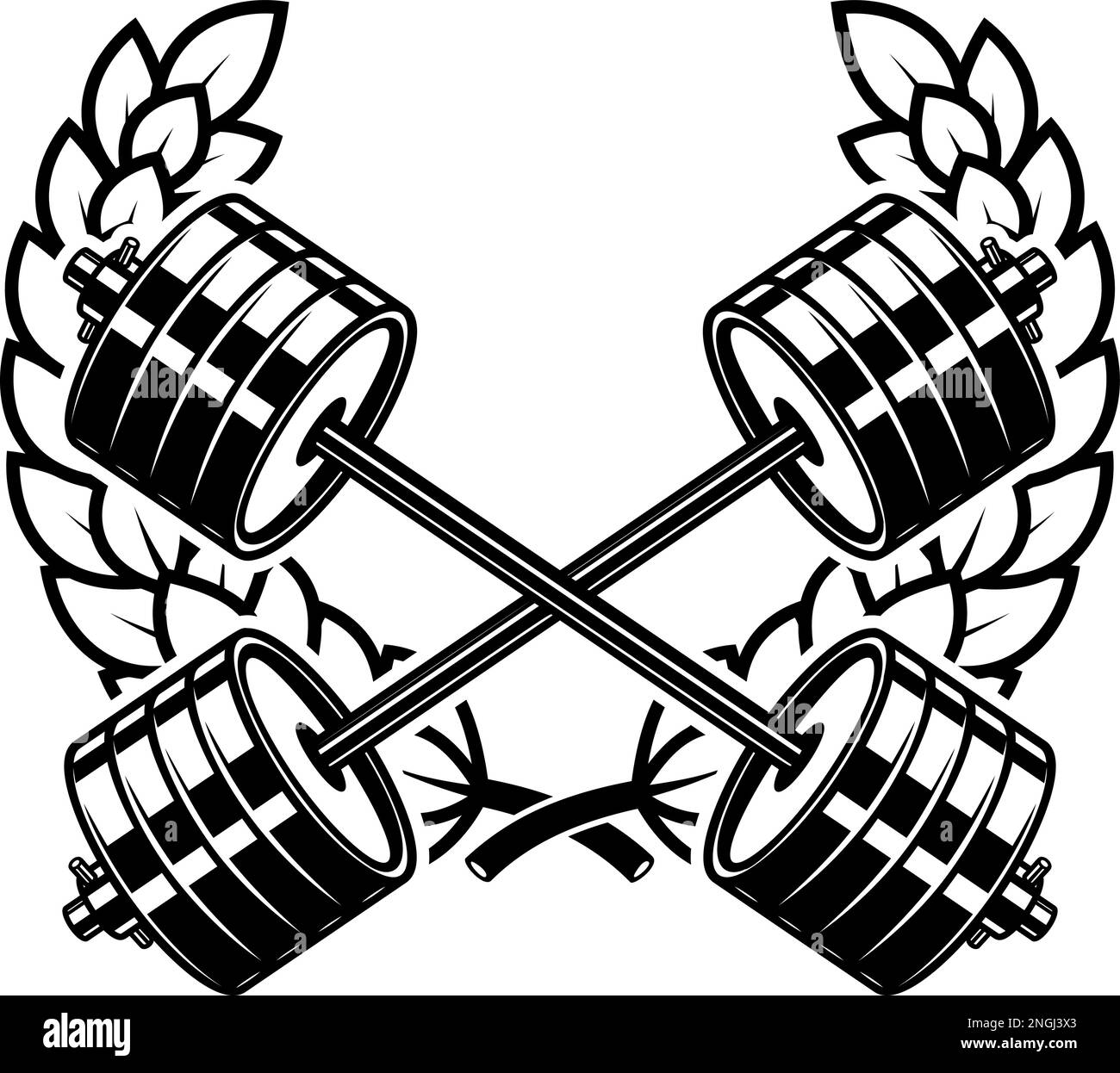 Emblem template with crossed barbells and wreath. Design element for