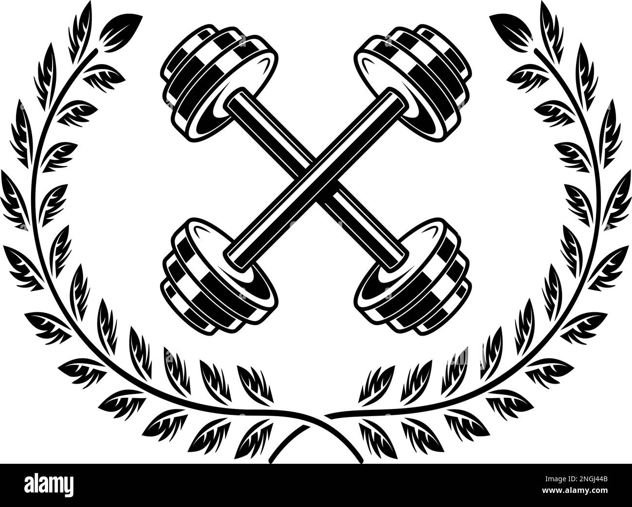 Emblem template with crossed dumbbells and wreath. Design element for logo, sign, emblem. Vector illustration, Emblem template with crossed dumbbells Stock Vector