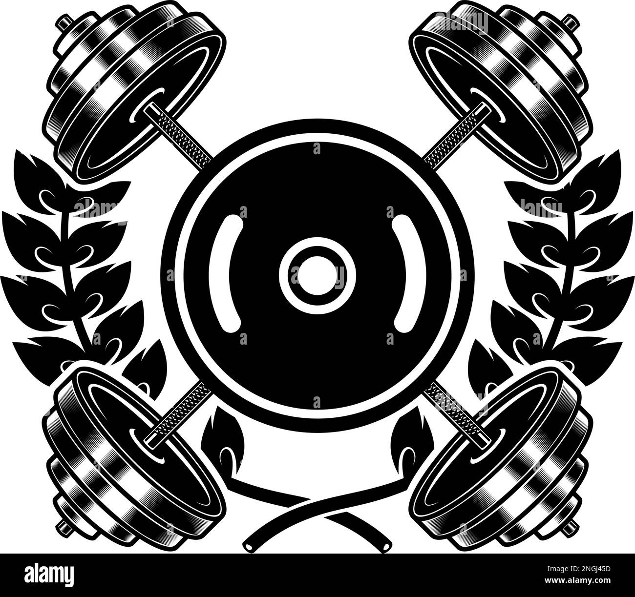 Emblem template with crossed barbells and wreath. Design element for