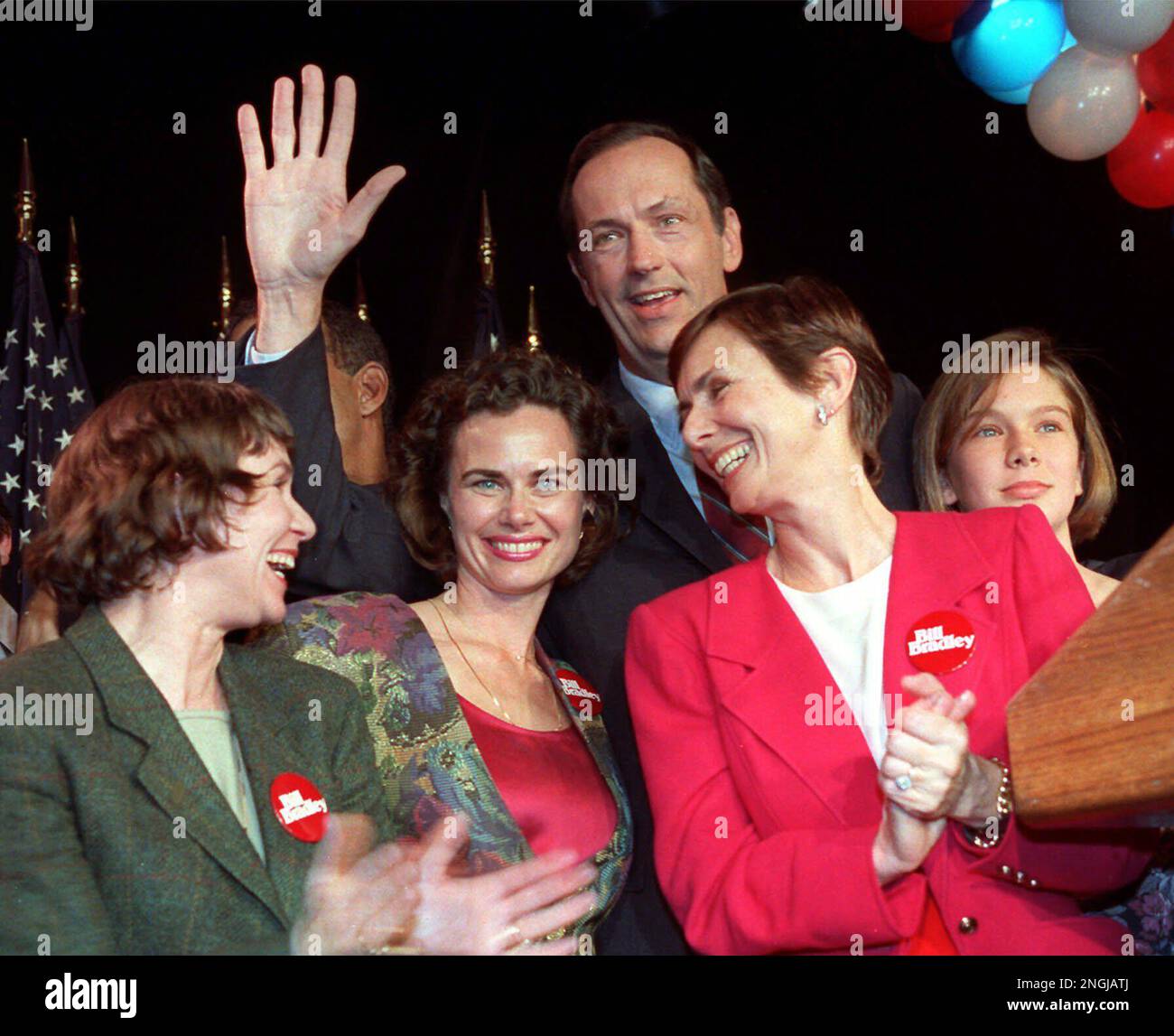 U.S. Sen. Bill Bradley celebrates an unexpectedly close victory over