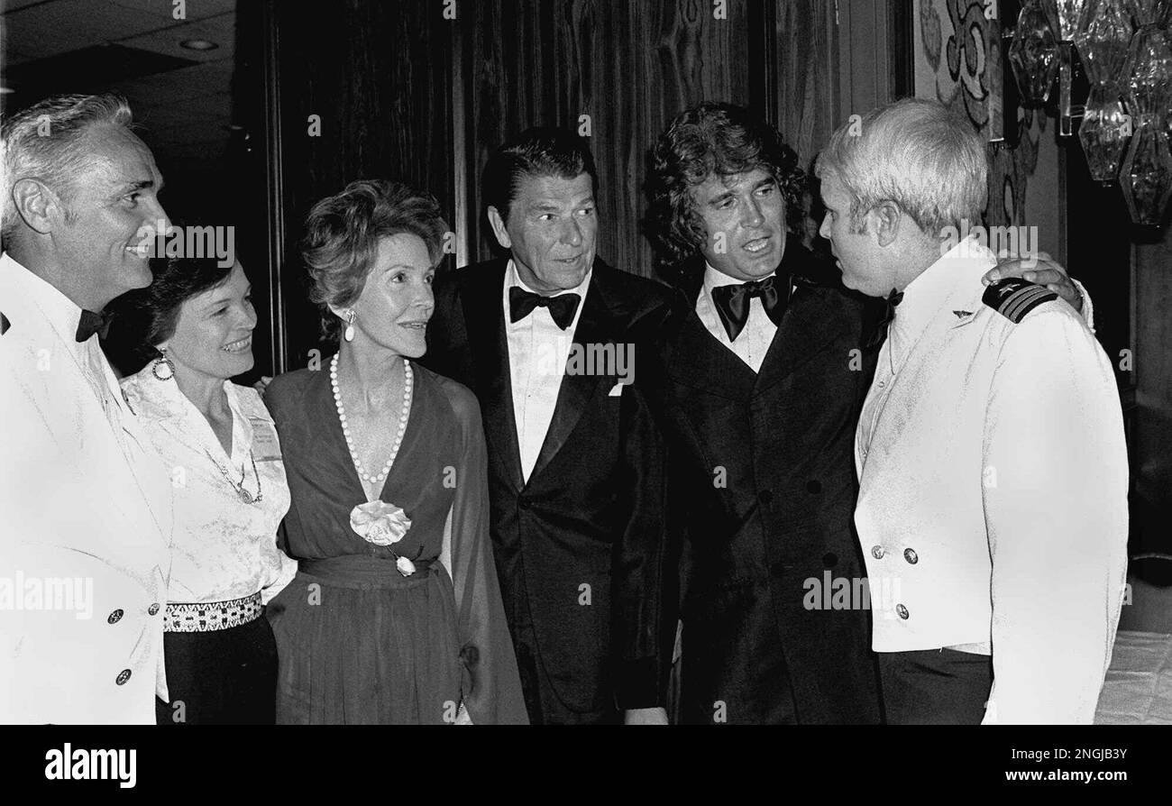 Phyllis Routledge Former California Governor Ronald Reagan, center, actor Michael Landon ...