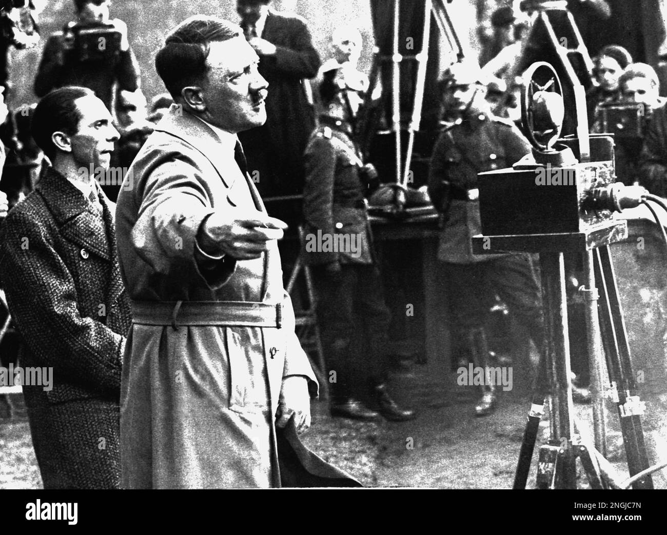 With Dr. Joseph Goebbels at his side, left, Adolf Hitler addresses a Nazi campaign rally in Berlin's Lustgarden, April 4, 1932. (AP Photo) Stock Photo