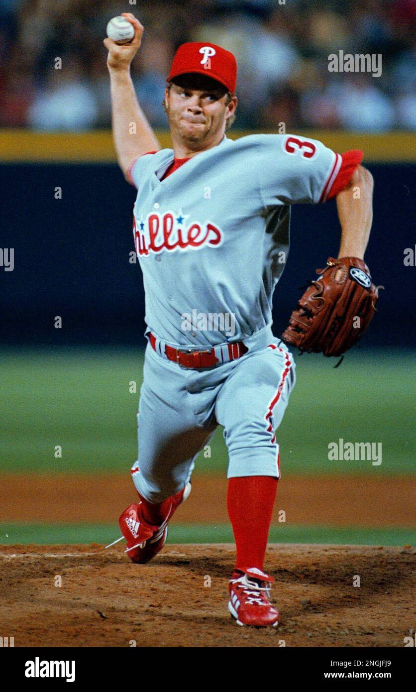 Philadelphia Phillies pitcher Paul Byrd delivers to an Atlanta Braves  batter in the bottom of the third inning at Turner Field in Atlanta,  Thursday, April 8, 1999. (AP Photo/Erik S. Lesser Stock