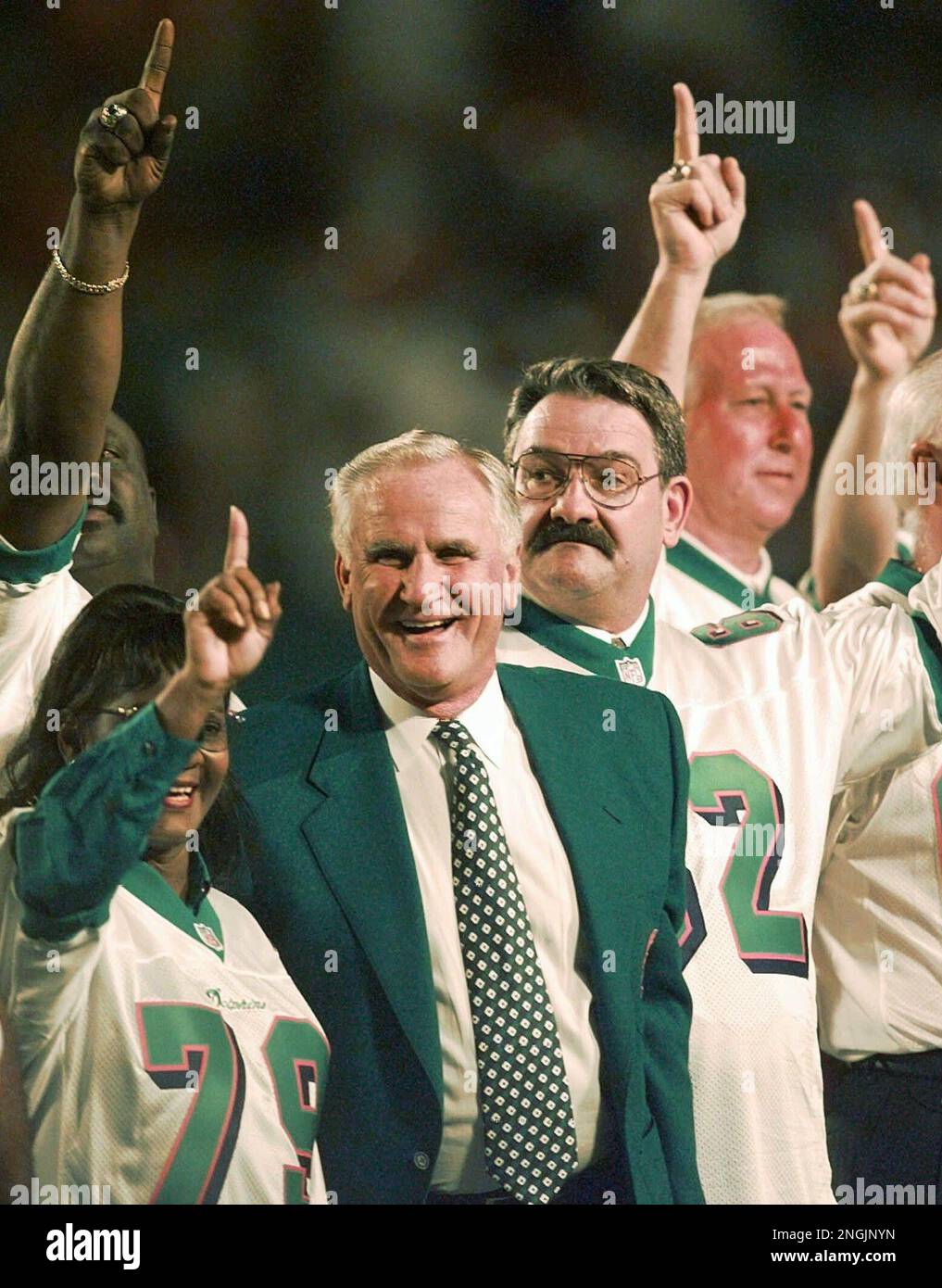 Former Miami Dolphins head coach Don Shula celebrates with