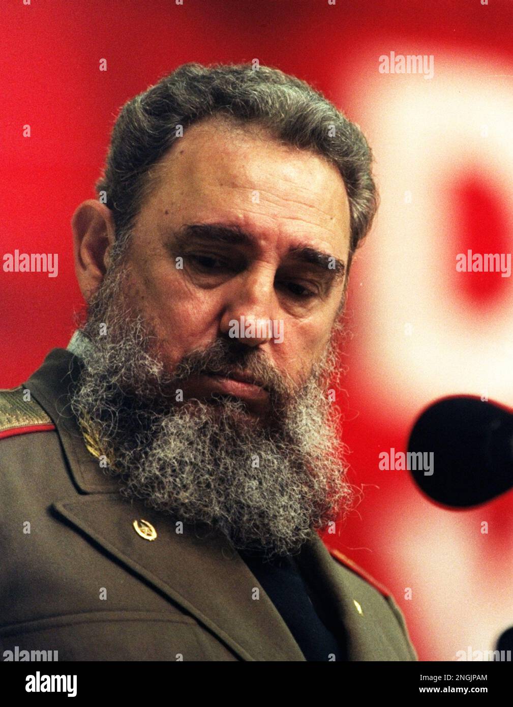 Cuba's Fidel Castro is photographed in a bold closeup as he delivers his closing address before