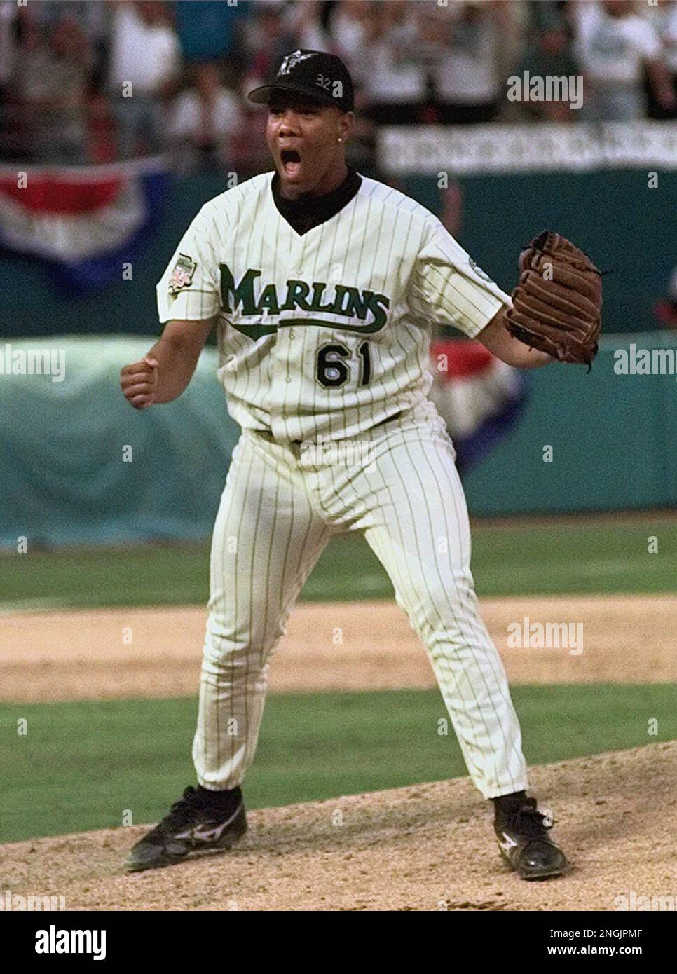 Florida Marlins pitcher Livan Hernandez reacts to his game-ending 15th  strikeout during Game Five of the National League Championship Series with  the Atlanta Braves Sunday, Oct. 12, 1997 at Pro Player Stadium