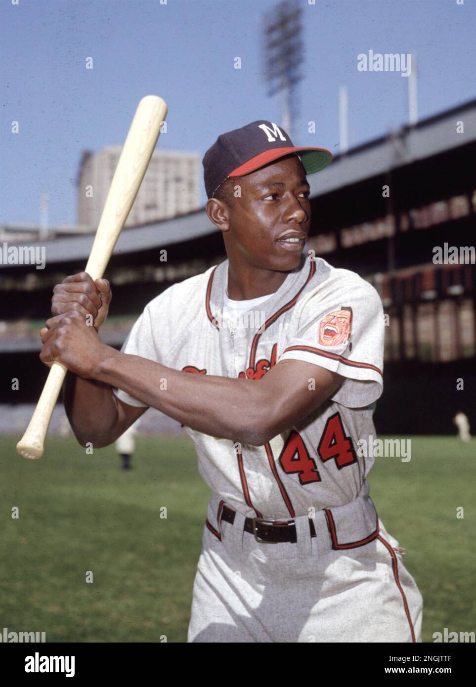 Hank Aaron Milwaukee Braves outfielder is shown in a posed batting portrait at the Polo Grounds Brooklyn during the exhibition season 1954. AP Photo Stock Photo Alamy