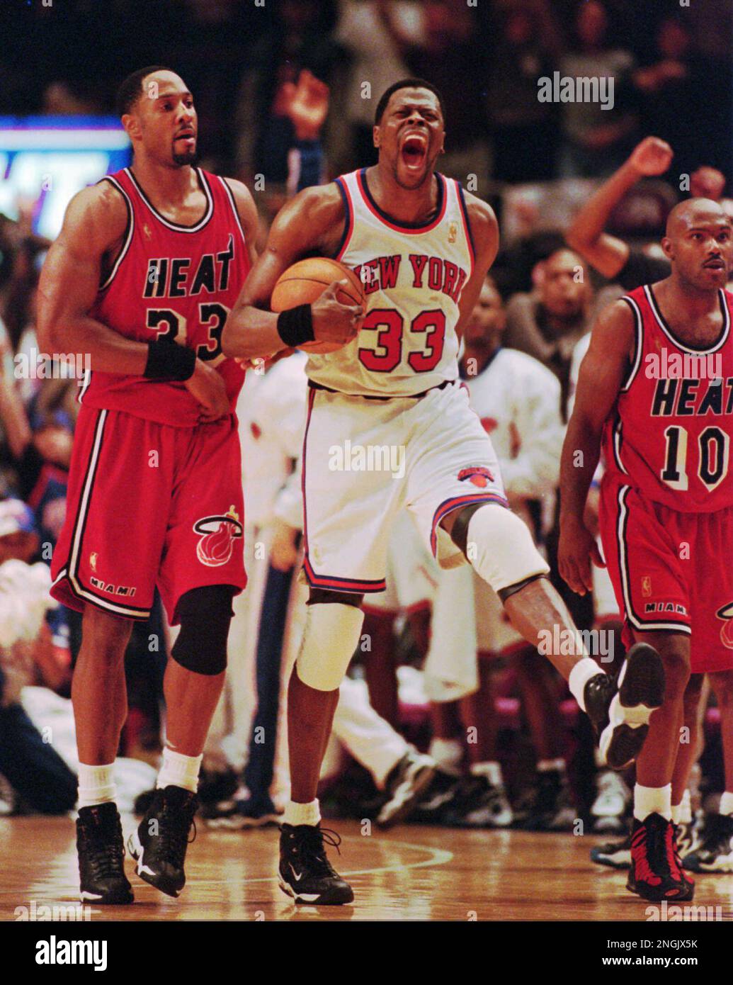 New York Knicks center Patrick Ewing celebrates his game