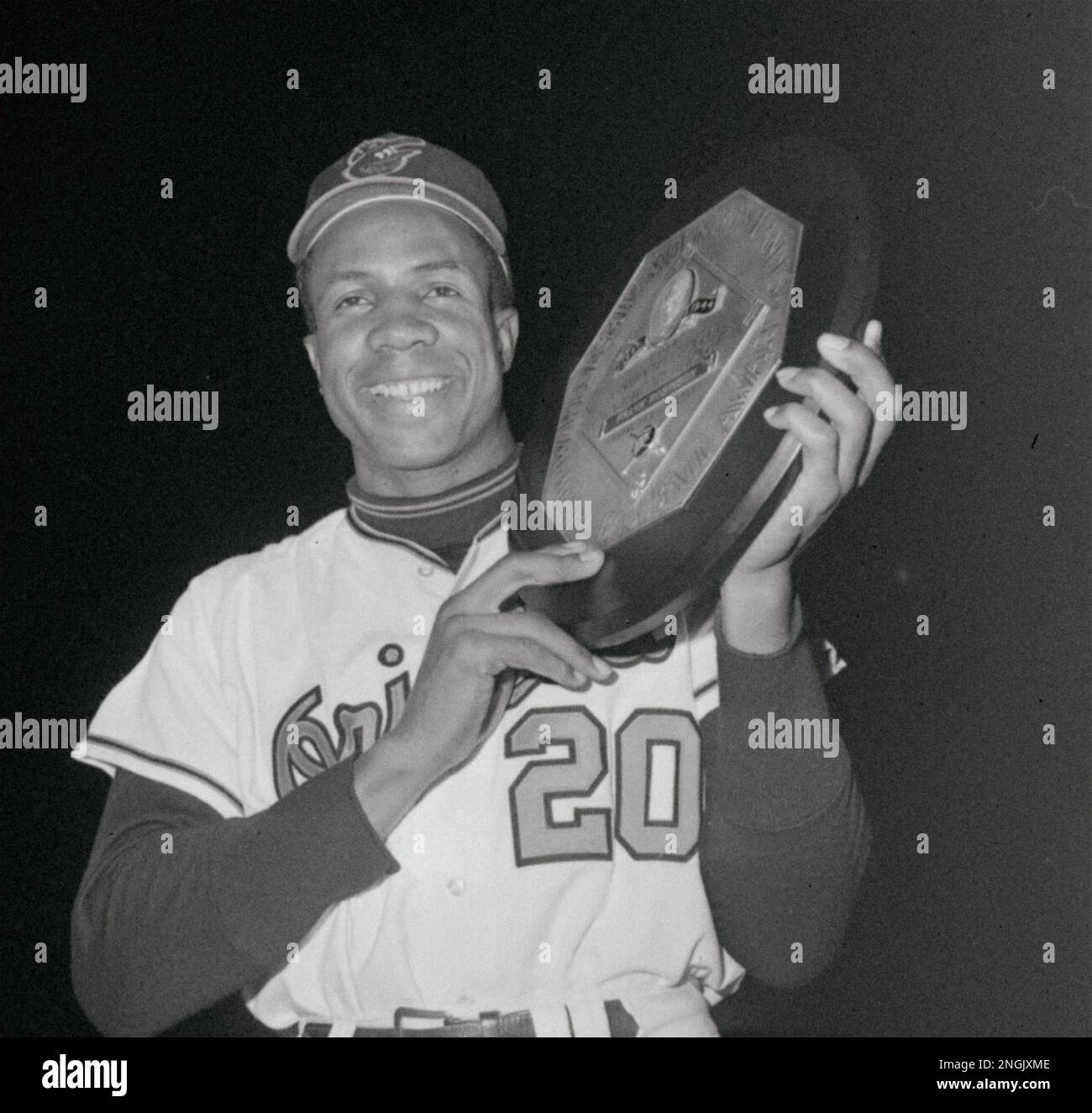 Baltimore Orioles outfielder Frank Robinson, the American League's Most  Valuable Player in 1966, was presented with a plaque symbolic of the award  in Baltimore, April 28, 1967. League President Joe Cronin presented