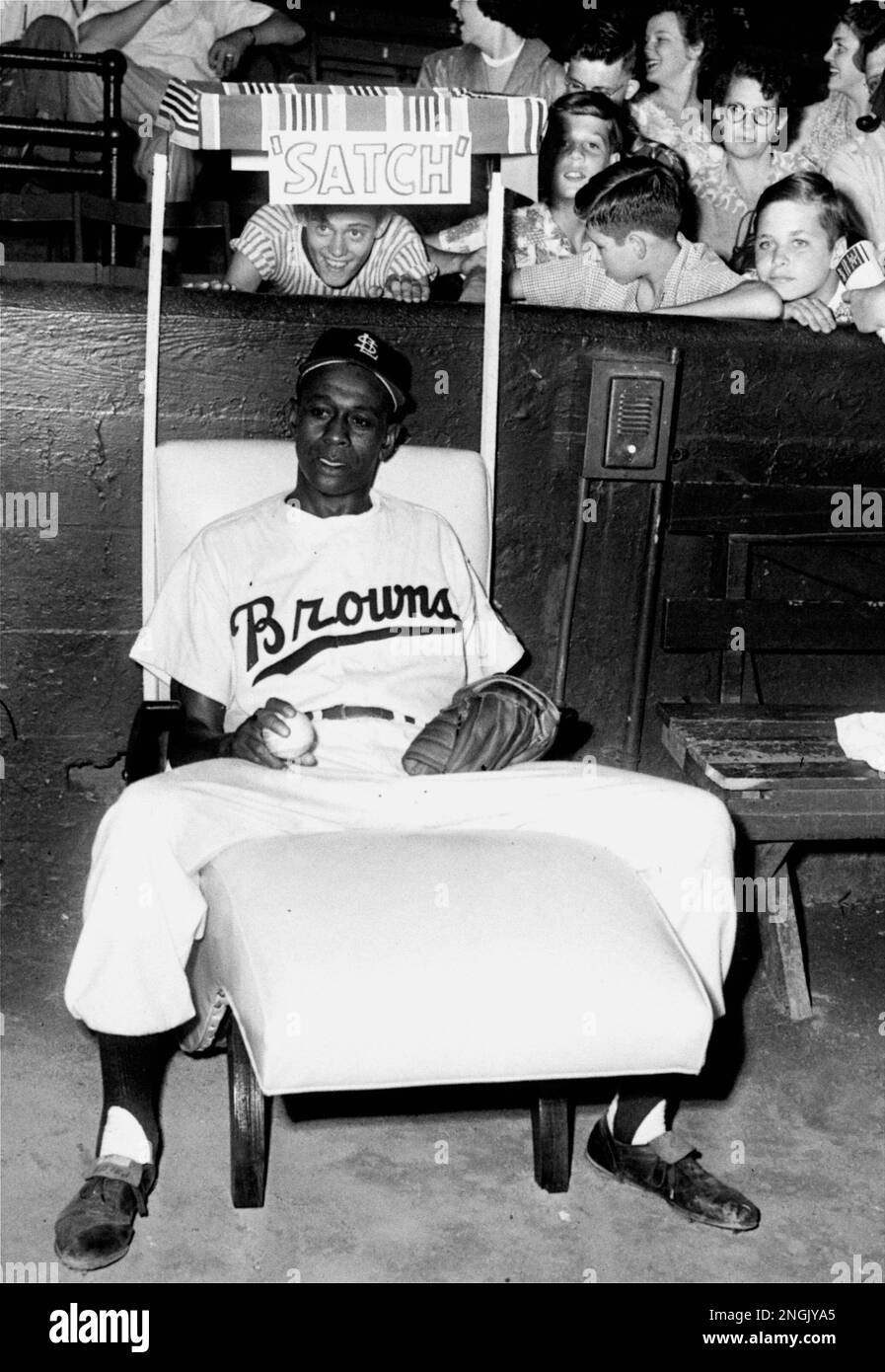 Satchel Paige veteran Browns relief pitcher is seated in an easy