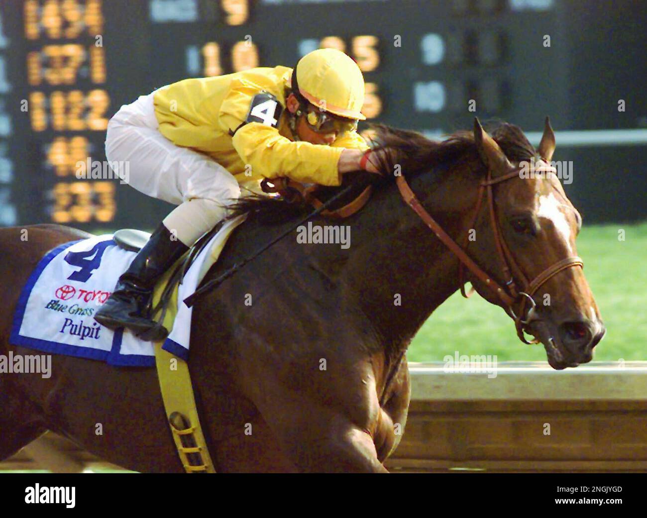 Jockey Shane Sellers guides Pulpit toward the finish line to win the  $700,000 Blue Grass Stakes Saturday evening, April 12, 1997, at Keeneland  Race Course in Lexington, Ky. Acceptable finished second, and