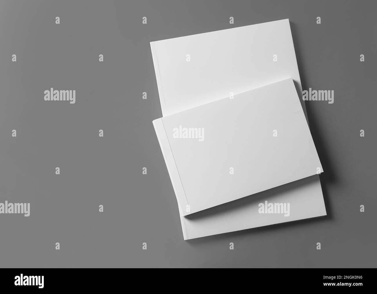 Brochures with blank covers on light grey background, top view. Space