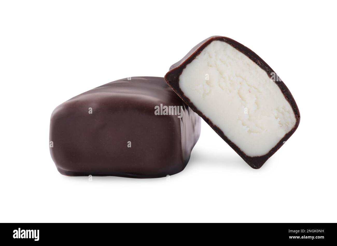 Delicious cut and whole glazed curd snacks on white background Stock ...