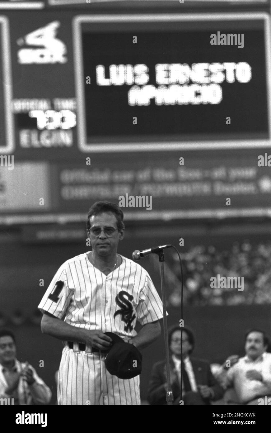 Former Chicago White Sox Luis Aparicio looks toward the crowd