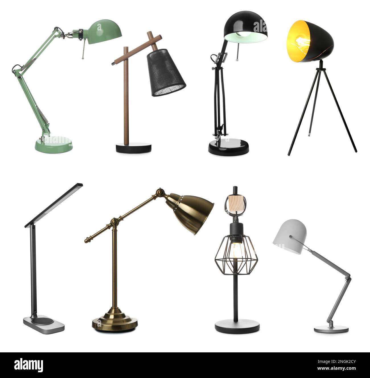 Set with different stylish table lamps on white background Stock Photo