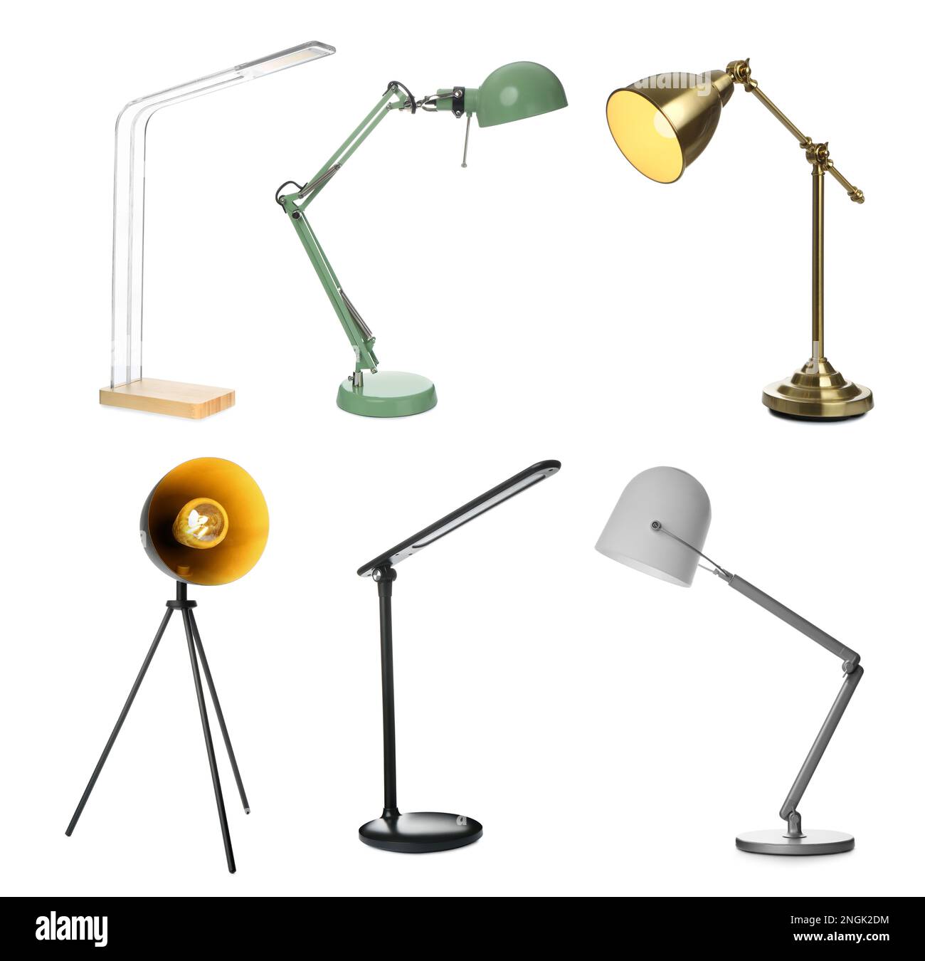 Set with different stylish table lamps on white background Stock Photo