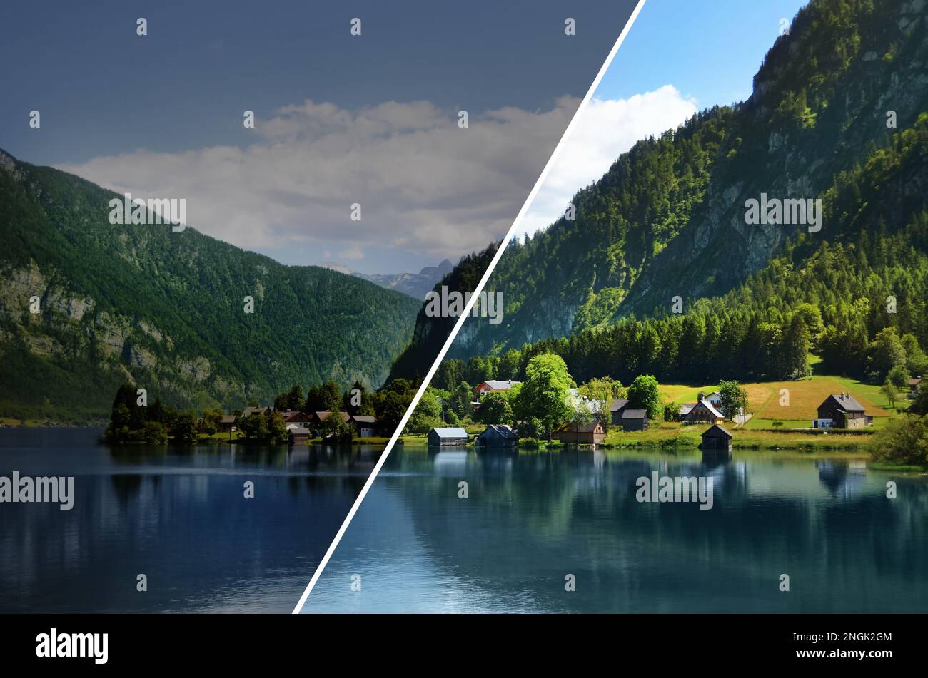 Photo before and after retouch, collage. Beautiful landscape with