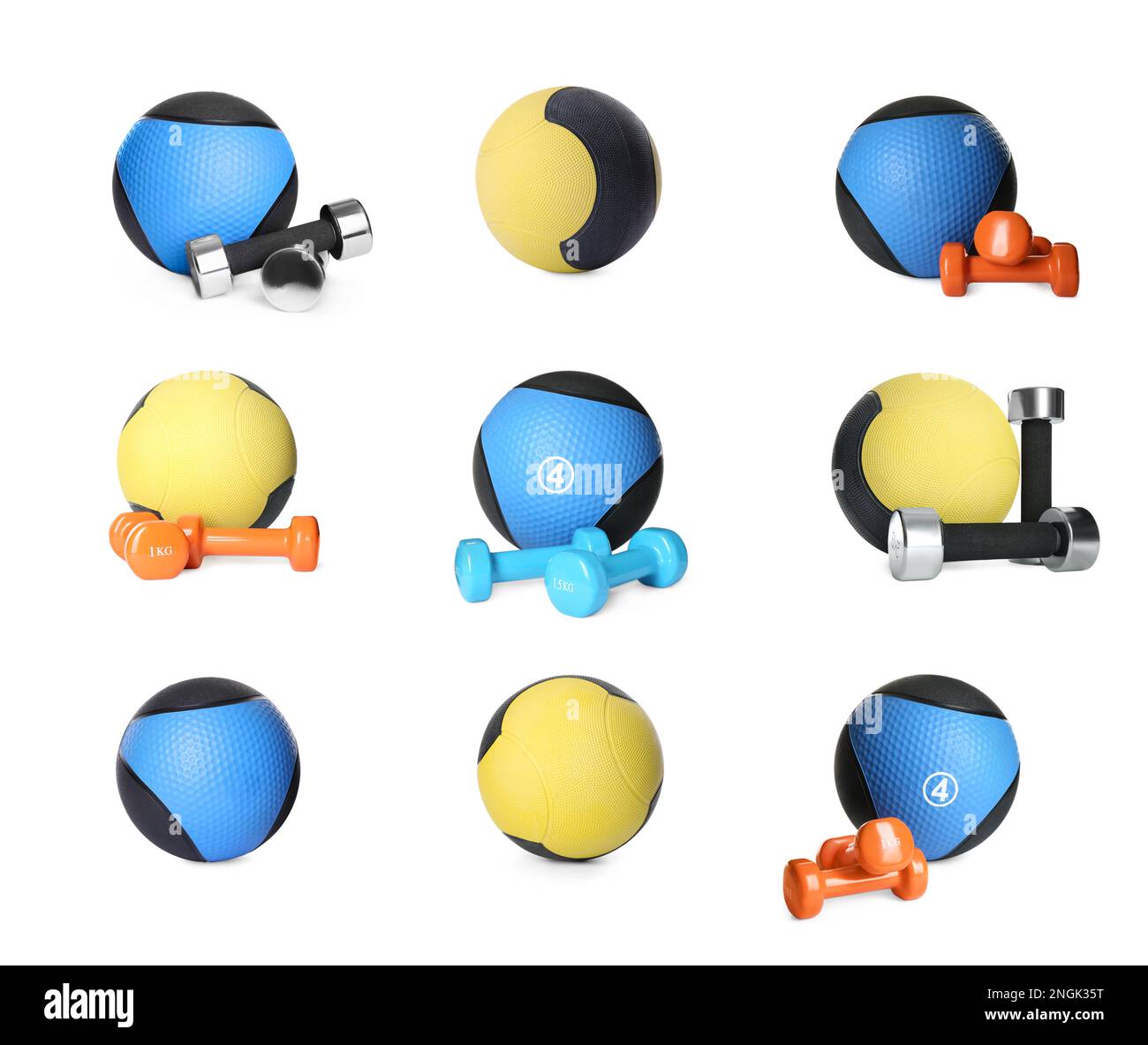 Set with medicine balls and dumbbells on white background Stock Photo