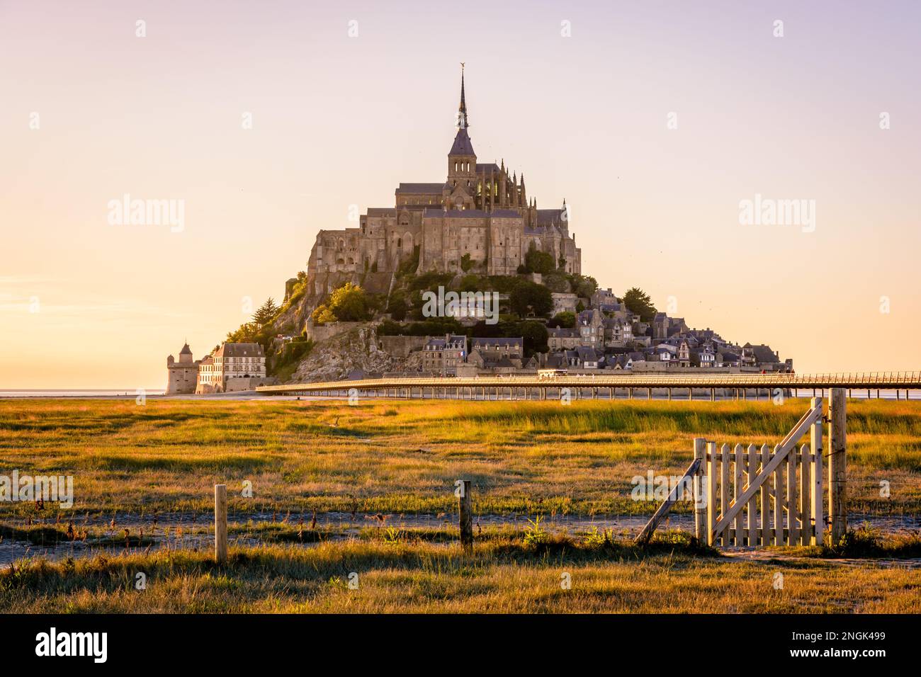 Sunset view of the Mont Saint-Michel tidal island in Normandy, France, with a wooden gate opening onto the salt meadows in the foreground. Stock Photo