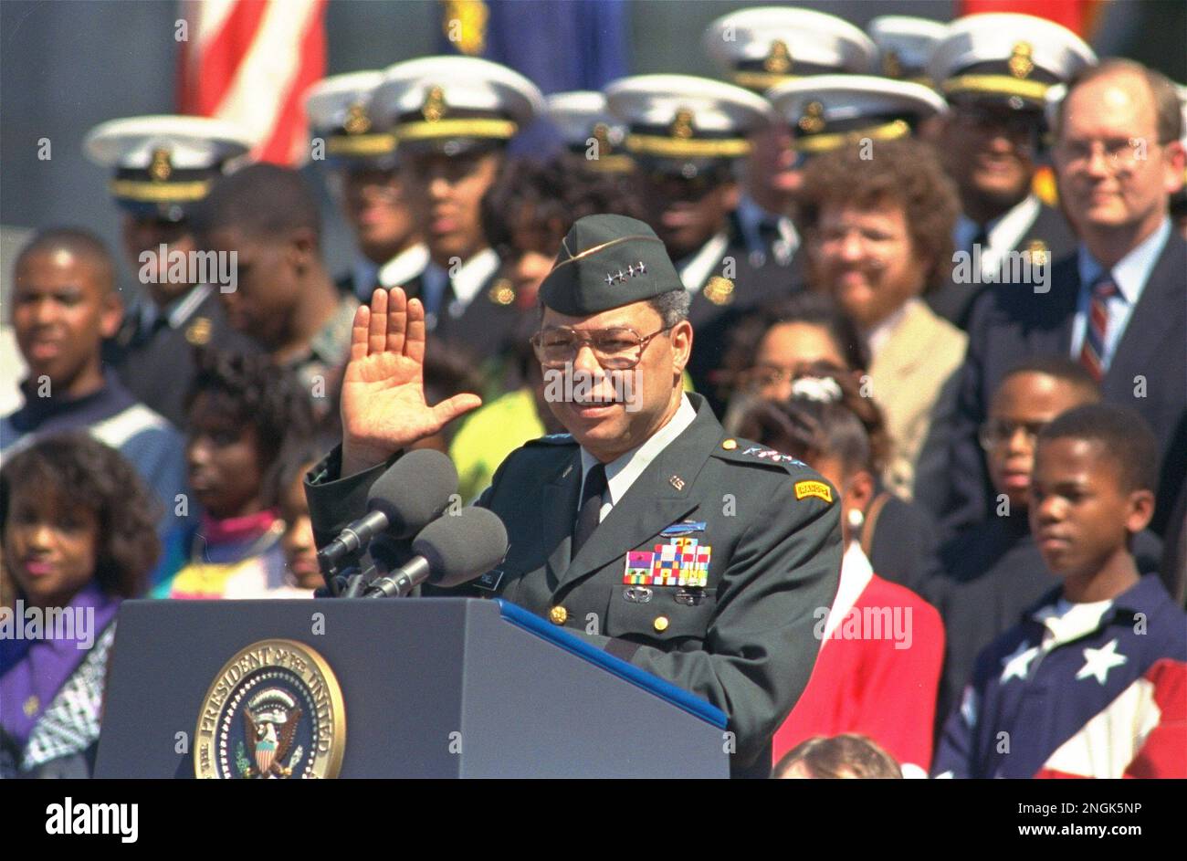 Gen. Colin Powell, chairman of the Joint Cheifs of Staff, waves from ...