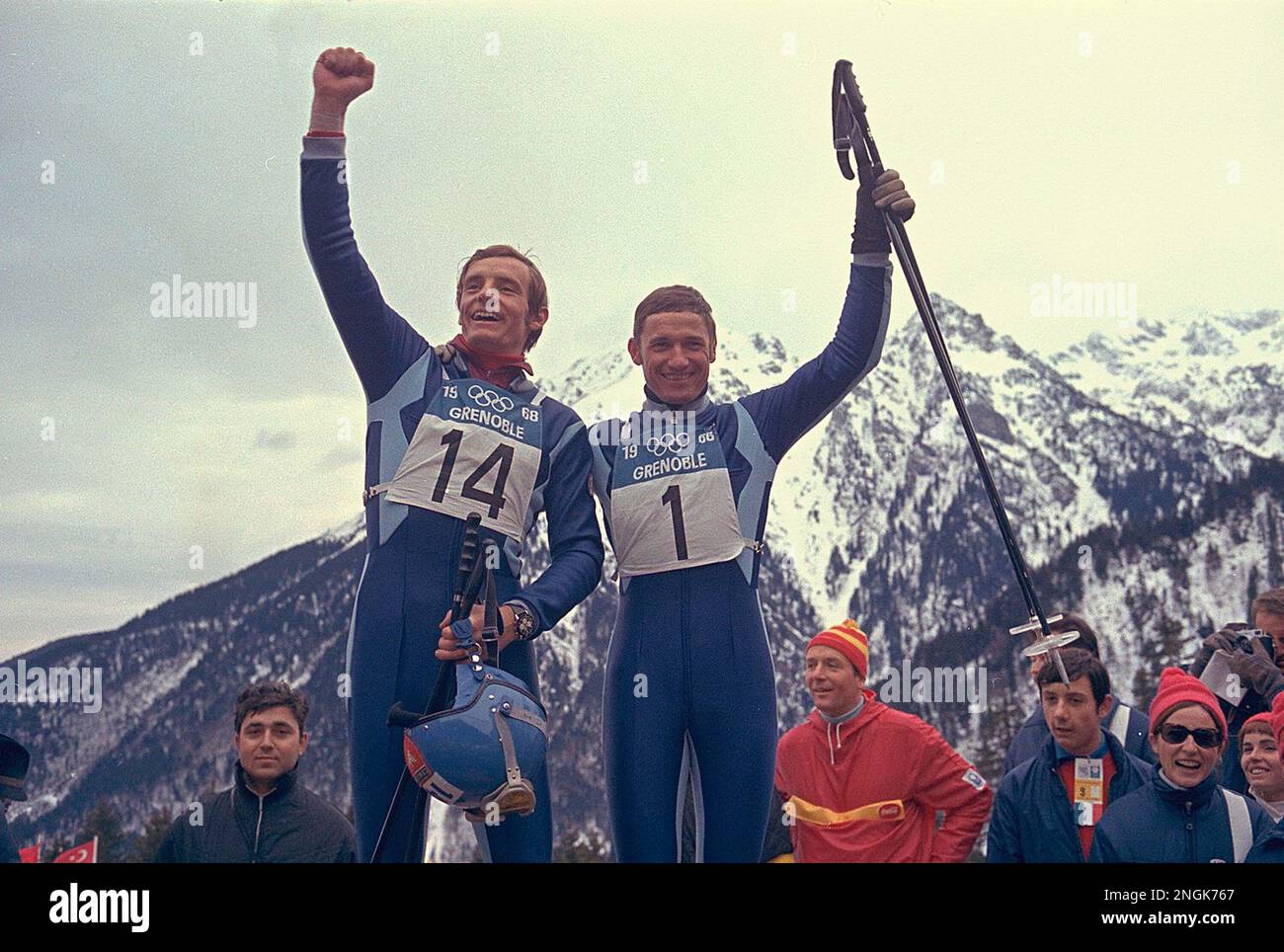 Jean-Claude Killy (14) and his French teammate Guy Perillat (1) on ...