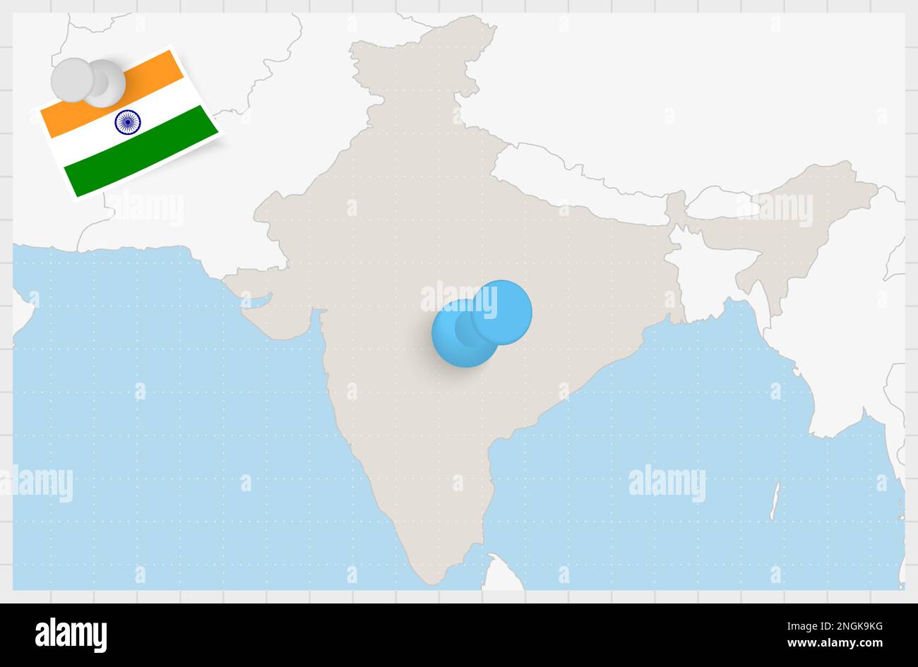Map of India with a pinned blue pin. Pinned flag of India, vector