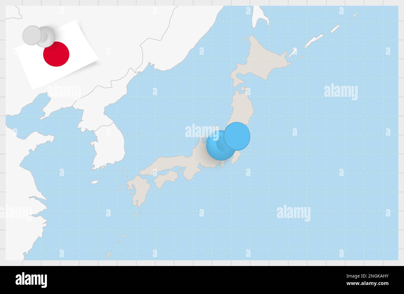 Map of Japan with a pinned blue pin. Pinned flag of Japan, vector