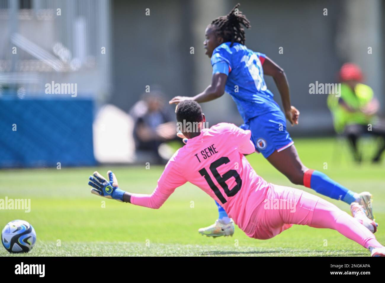 Auckland, New Zealand. 18th Feb, 2023. Tenning Sene (L) of Senegal National Women's soccer and Nerilia Mondesir (R) of Haiti National Women's team in action during the FIFA Women's World Cup 2023 Playoff between Haiti and Senegal at the Norther Harbour Stadium. Final score; Senegal 0:4 Haiti. Credit: SOPA Images Limited/Alamy Live News Stock Photo