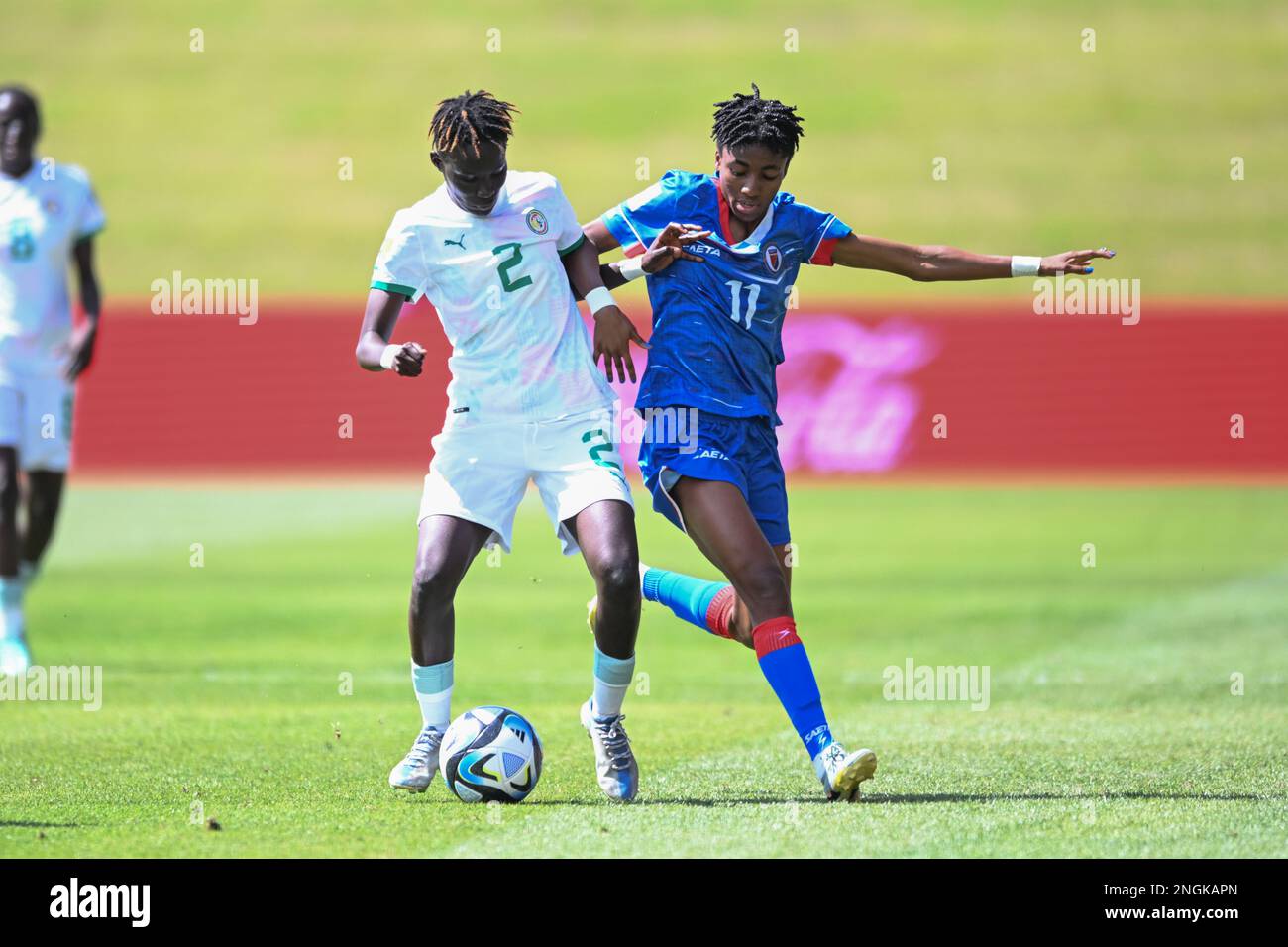 Auckland, New Zealand. 18th Feb, 2023. Mareme Babou (L) of Senegal Women's National team and Roseline Eloissaintin (R) of Haiti National Women's team in action during the FIFA Women's World Cup 2023 Playoff between Haiti and Senegal at the Norther Harbour Stadium. Final score; Senegal 0:4 Haiti. Credit: SOPA Images Limited/Alamy Live News Stock Photo