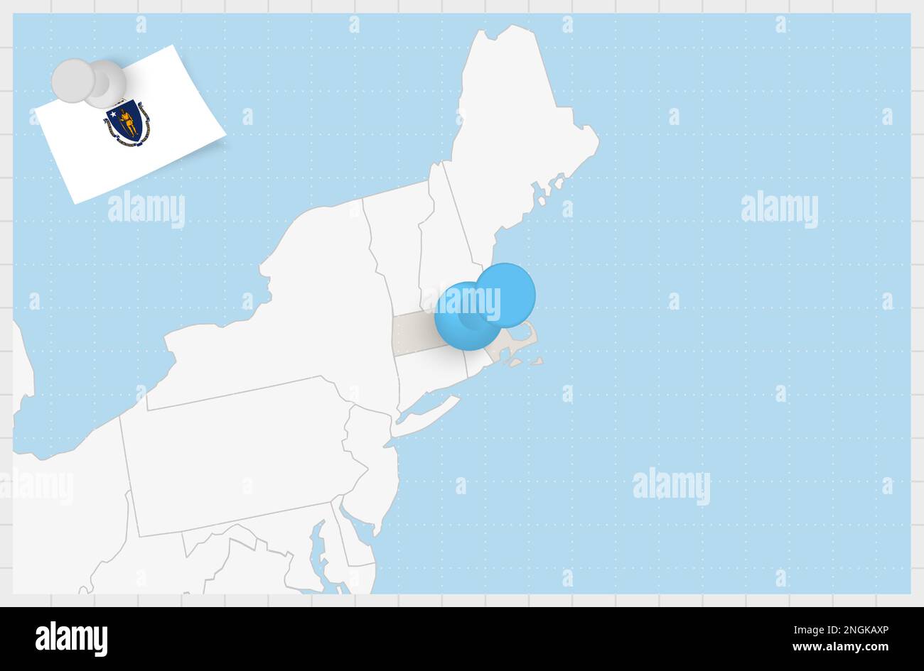 Map of Massachusetts with a pinned blue pin. Pinned flag of ...