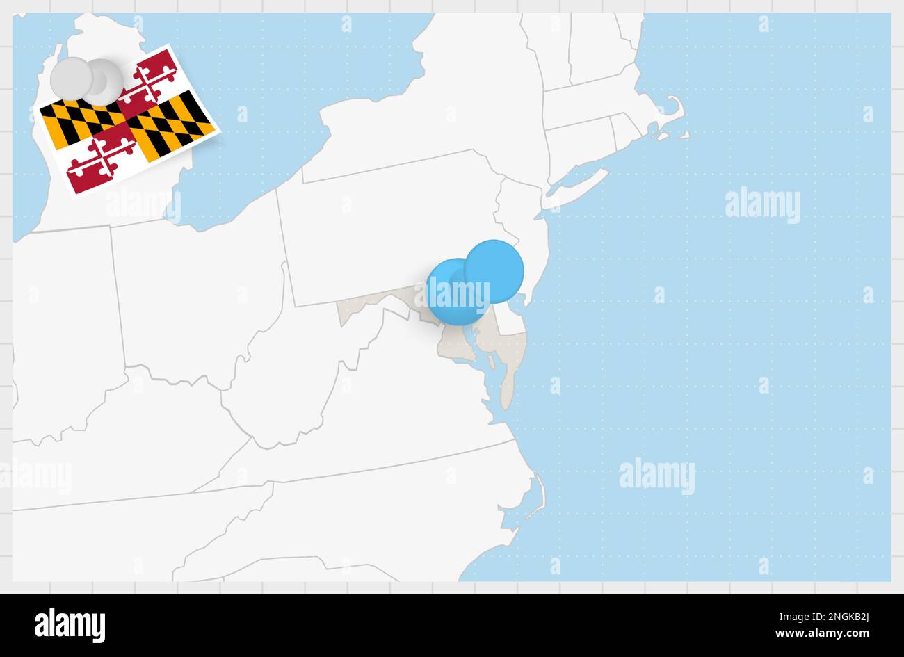 Map of Maryland with a pinned blue pin. Pinned flag of Maryland, vector