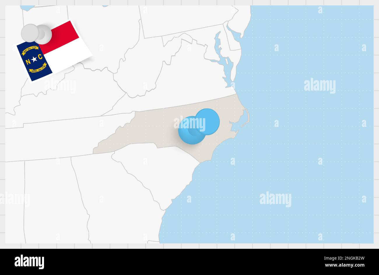 Map of North Carolina with a pinned blue pin. Pinned flag of North Carolina, vector illustration