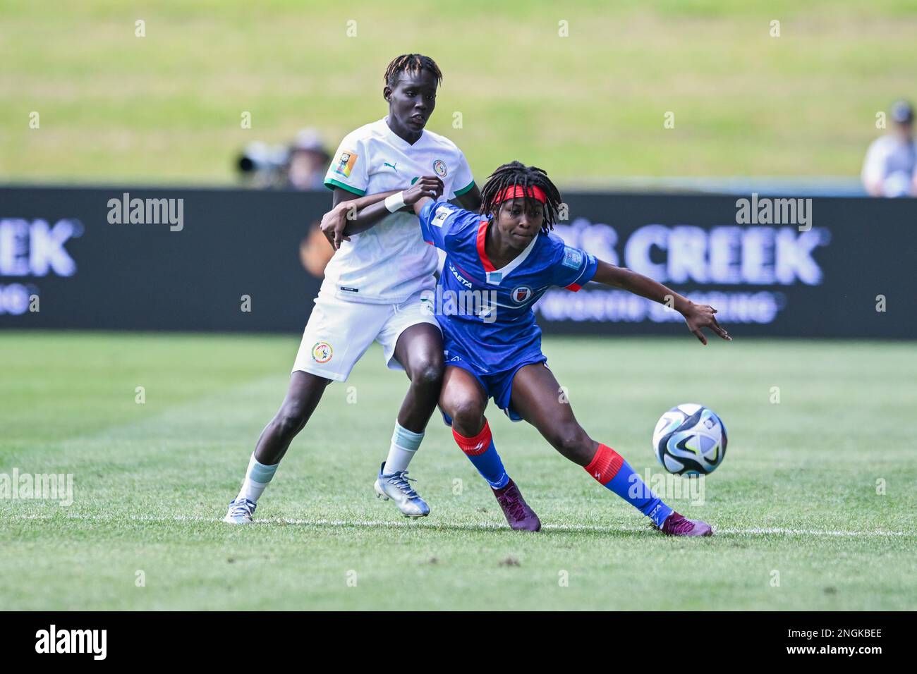 Auckland, New Zealand. 18th Feb, 2023. Mareme Babou (L) of Senegal Women's National team and Vatcheba Louisin of Haiti National Women's team in action during the FIFA Women's World Cup 2023 Playoff between Haiti and Senegal at the Norther Harbour Stadium. Final score; Senegal 0:4 Haiti. (Photo by Luis Veniegra/SOPA Images/Sipa USA) Credit: Sipa USA/Alamy Live News Stock Photo