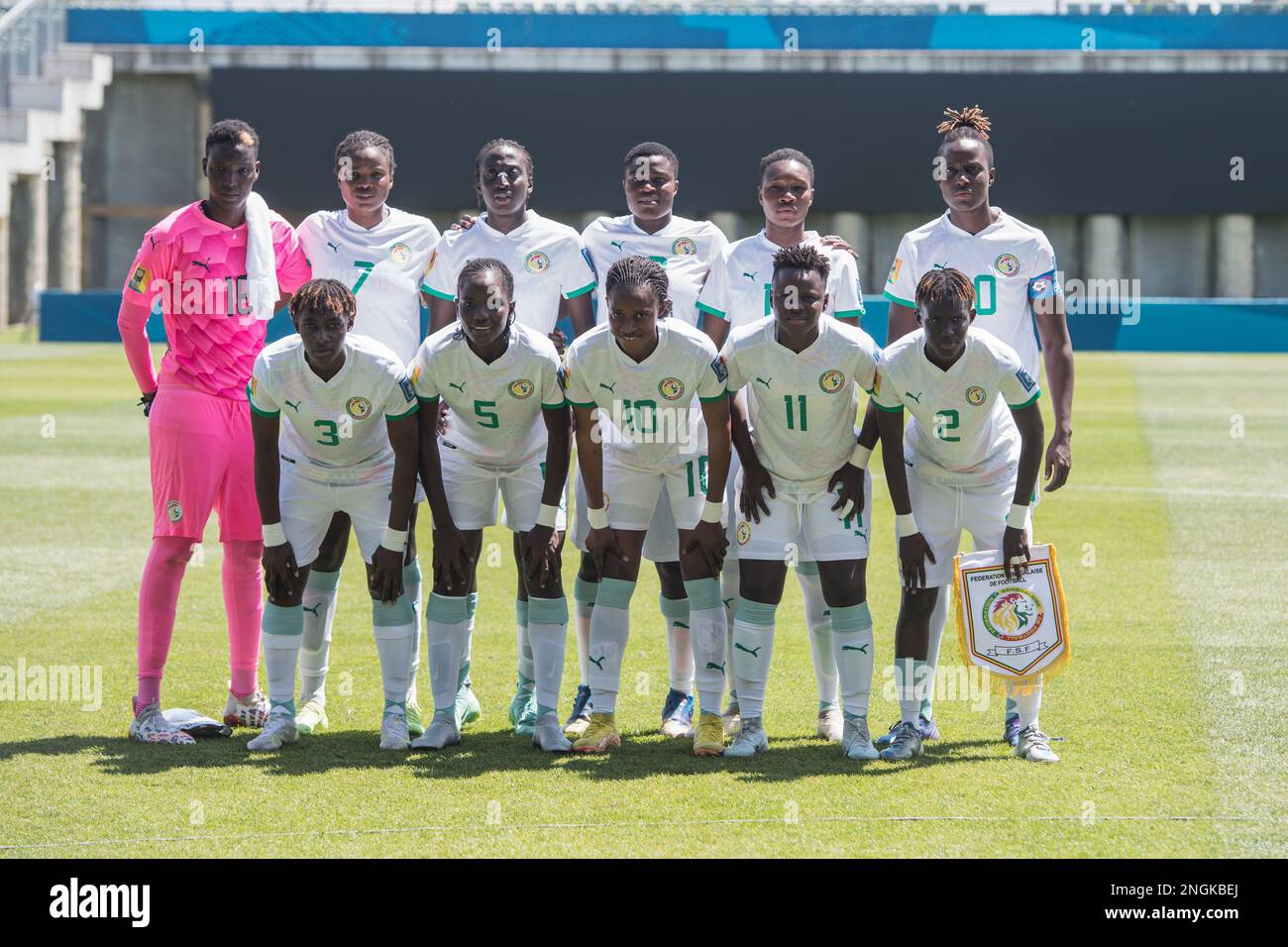 Auckland, New Zealand. 18th Feb, 2023. Senegal Women's National team pose for a group photo during the FIFA Women's World Cup 2023 Playoff between Haiti and Senegal at the Norther Harbour Stadium. Final score; Senegal 0:4 Haiti. (Photo by Luis Veniegra/SOPA Images/Sipa USA) Credit: Sipa USA/Alamy Live News Stock Photo