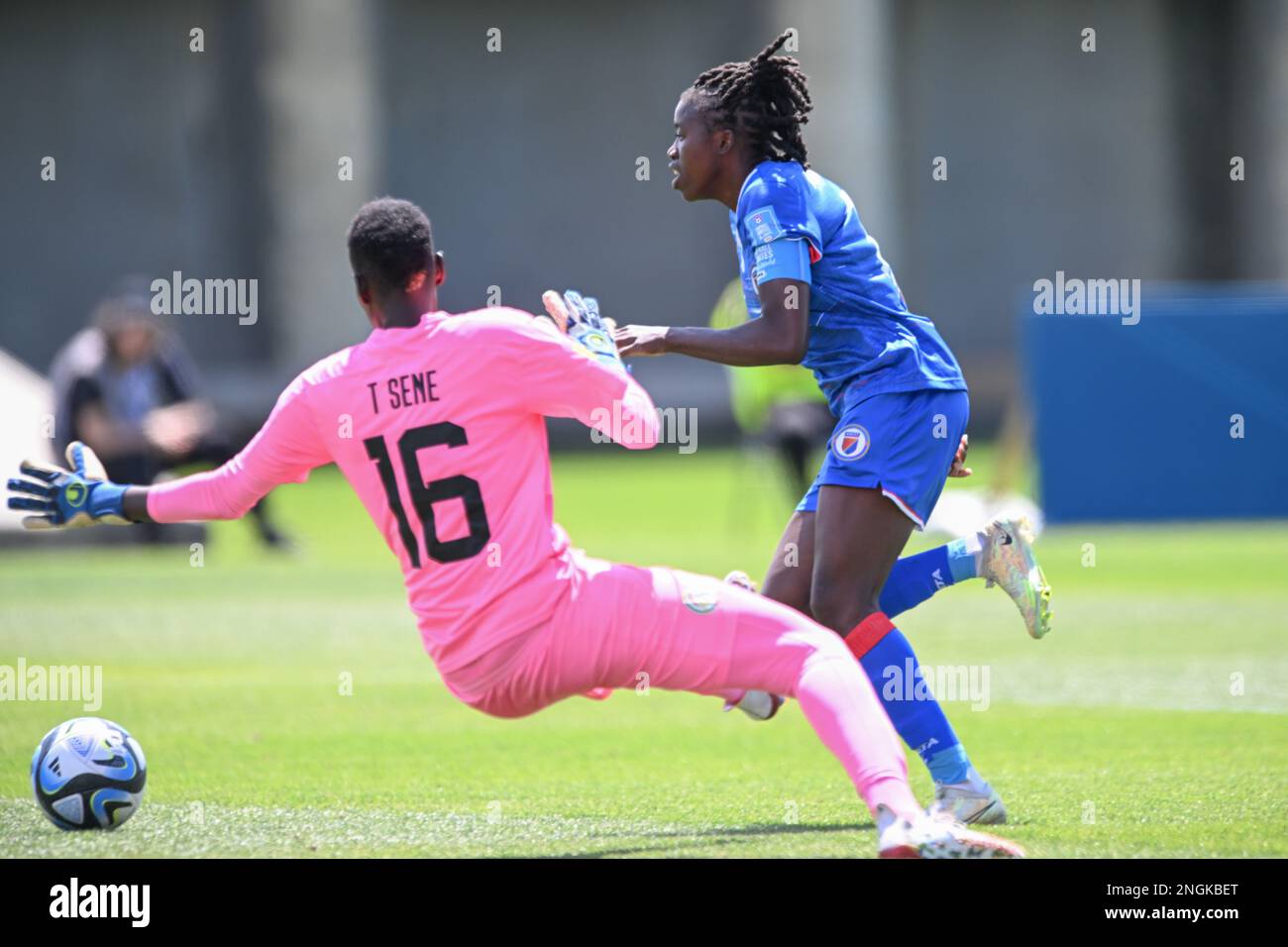 Auckland, New Zealand. 18th Feb, 2023. Tenning Sene (L) of Senegal National Women's soccer and Nerilia Mondesir (R) of Haiti National Women's team in action during the FIFA Women's World Cup 2023 Playoff between Haiti and Senegal at the Norther Harbour Stadium. Final score; Senegal 0:4 Haiti. (Photo by Luis Veniegra/SOPA Images/Sipa USA) Credit: Sipa USA/Alamy Live News Stock Photo
