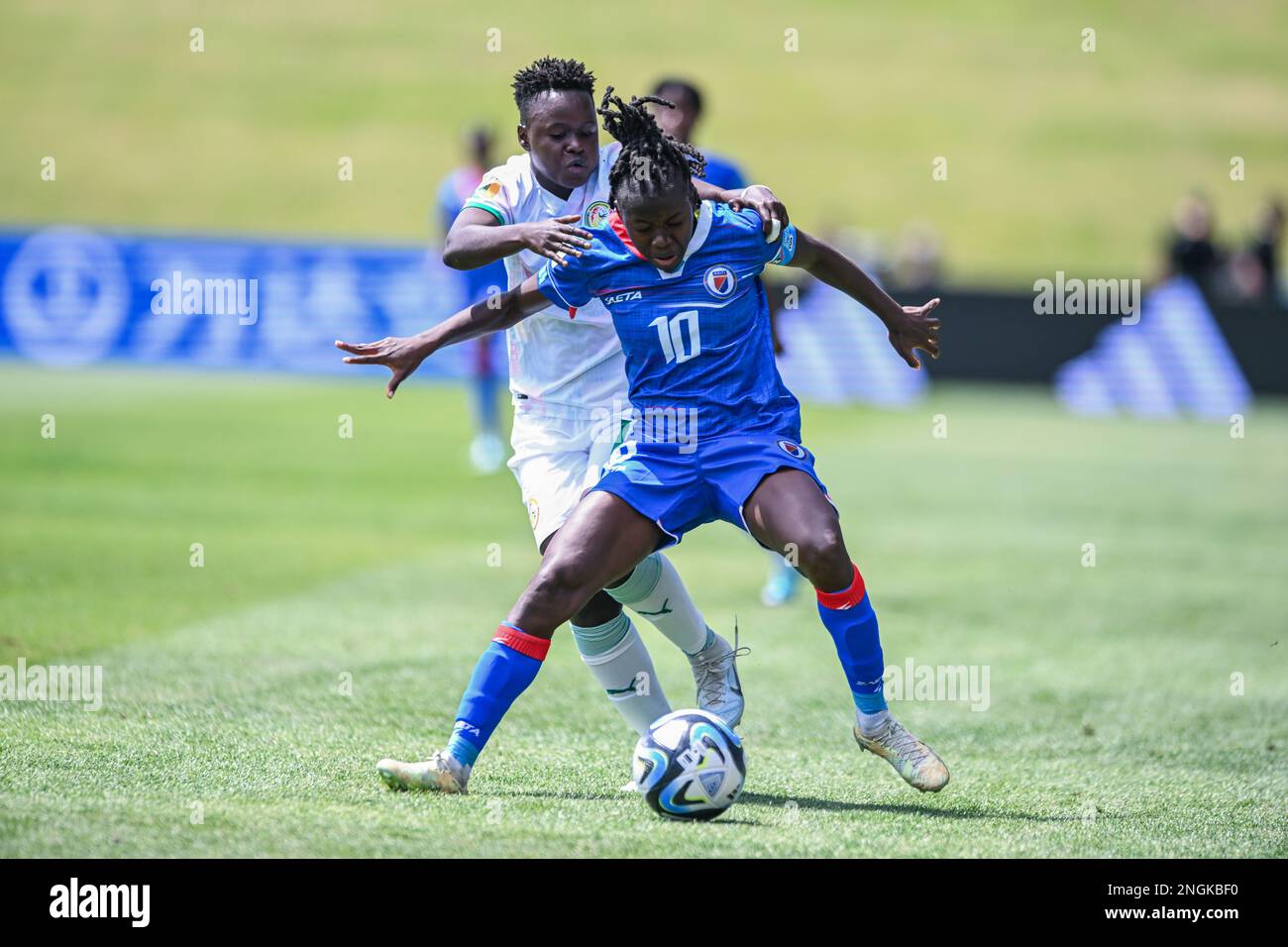 Auckland, New Zealand. 18th Feb, 2023. Haby Balde (L) of Senegal Women's National team and Nerilia Mondesir (R) of Haiti National Women's team in action during the FIFA Women's World Cup 2023 Playoff between Haiti and Senegal at the Norther Harbour Stadium. Final score; Senegal 0:4 Haiti. (Photo by Luis Veniegra/SOPA Images/Sipa USA) Credit: Sipa USA/Alamy Live News Stock Photo