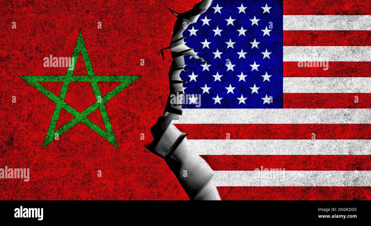 USA and Morocco flag on a cracked wall. United States of America and