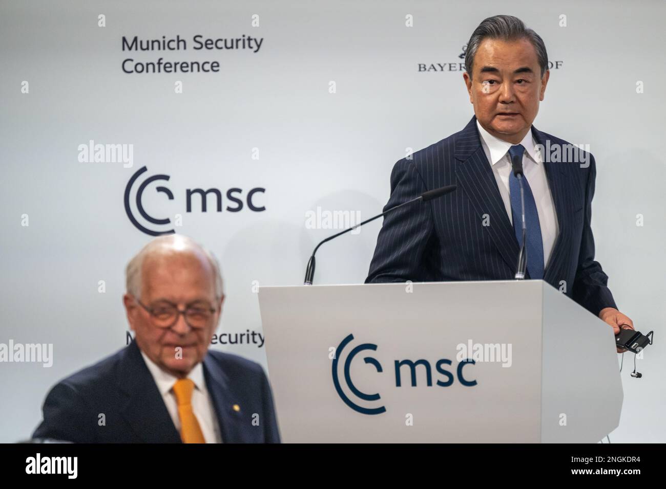 Munich, Germany. 18th Feb, 2023. Wolfgang Ischinger (l), President of the  Board of Trustees of the Munich Security Conference (MSC) Foundation, and  Wang Yi, Chairman of the Foreign Policy Commission of the