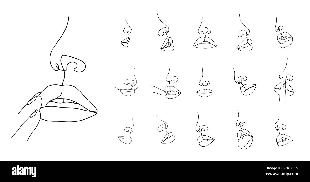 Female lips in one line drawing style. Set of mouths silhouettes. Permanent or tattoo make up. Beauty studio logo. Linear vector Illustrations in Stock Vector