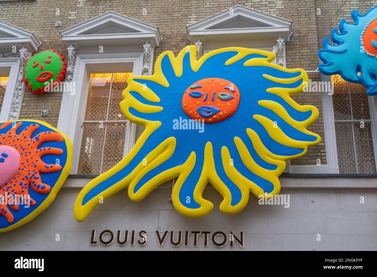 January 14, 2023, London, United Kingdom: Artwork by Yayoi Kusama decorates  Louis Vuittons flagship