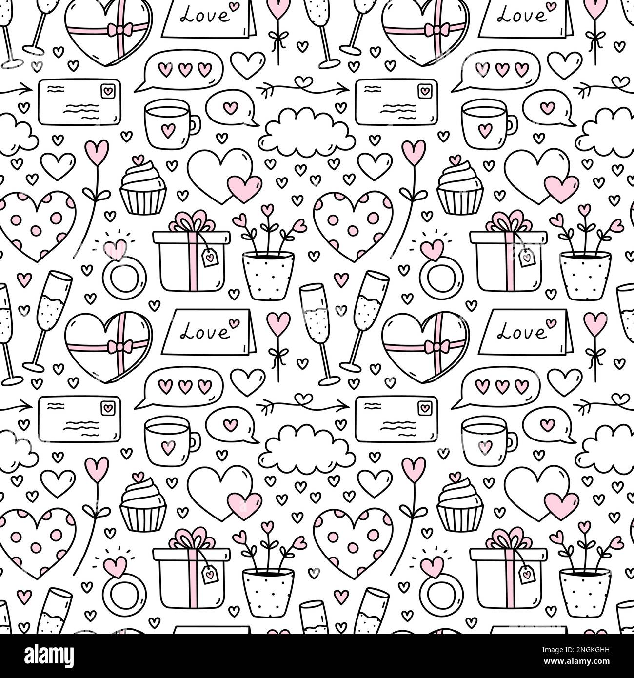 Cute seamless pattern for Valentines Day with champagne, rings, hearts