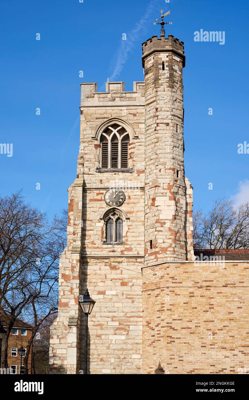 The restored 15th century tower of All Saints church, West Ham, East London UK Stock Photo