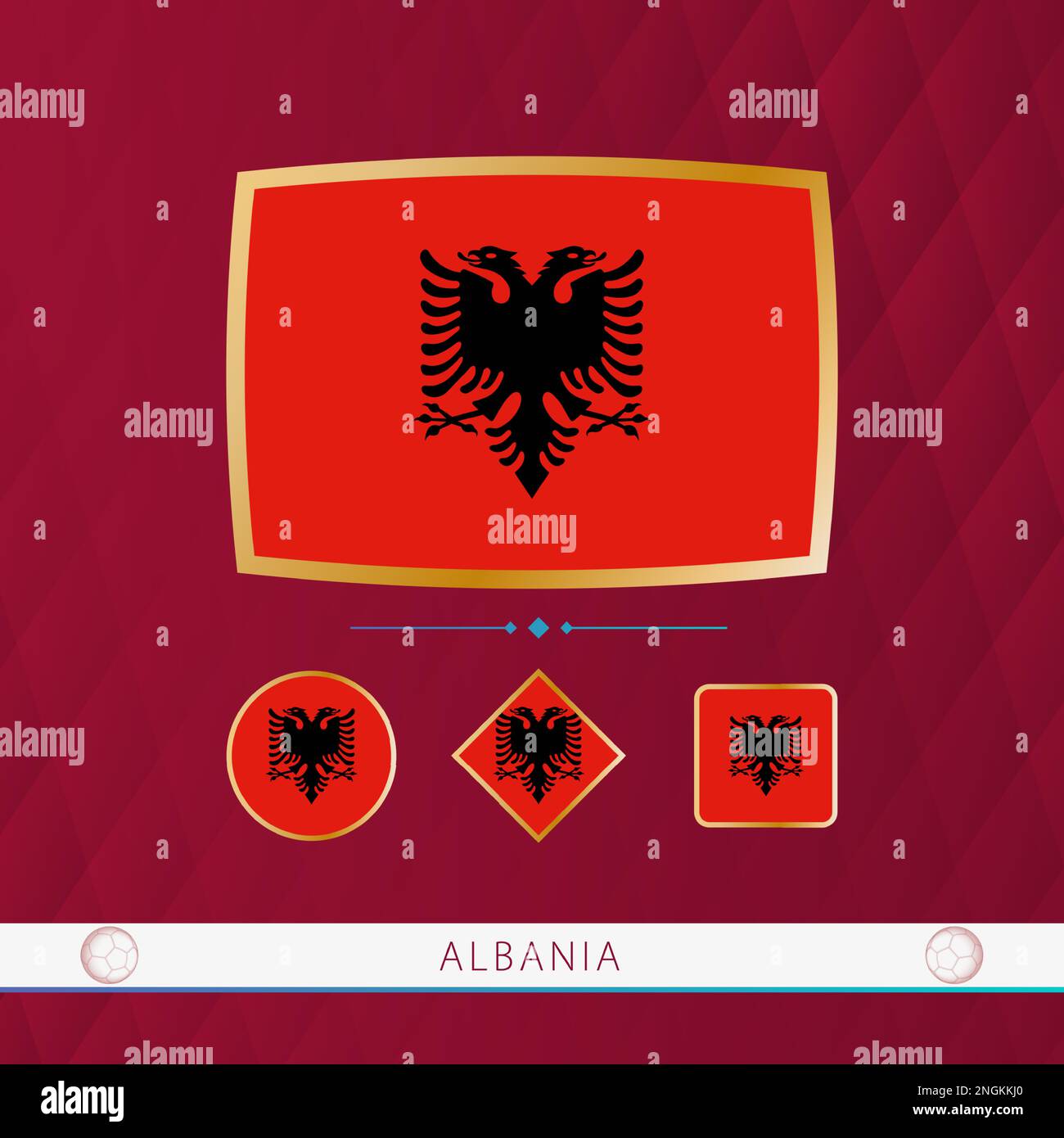 Set of Albania flags with gold frame for use at sporting events on a