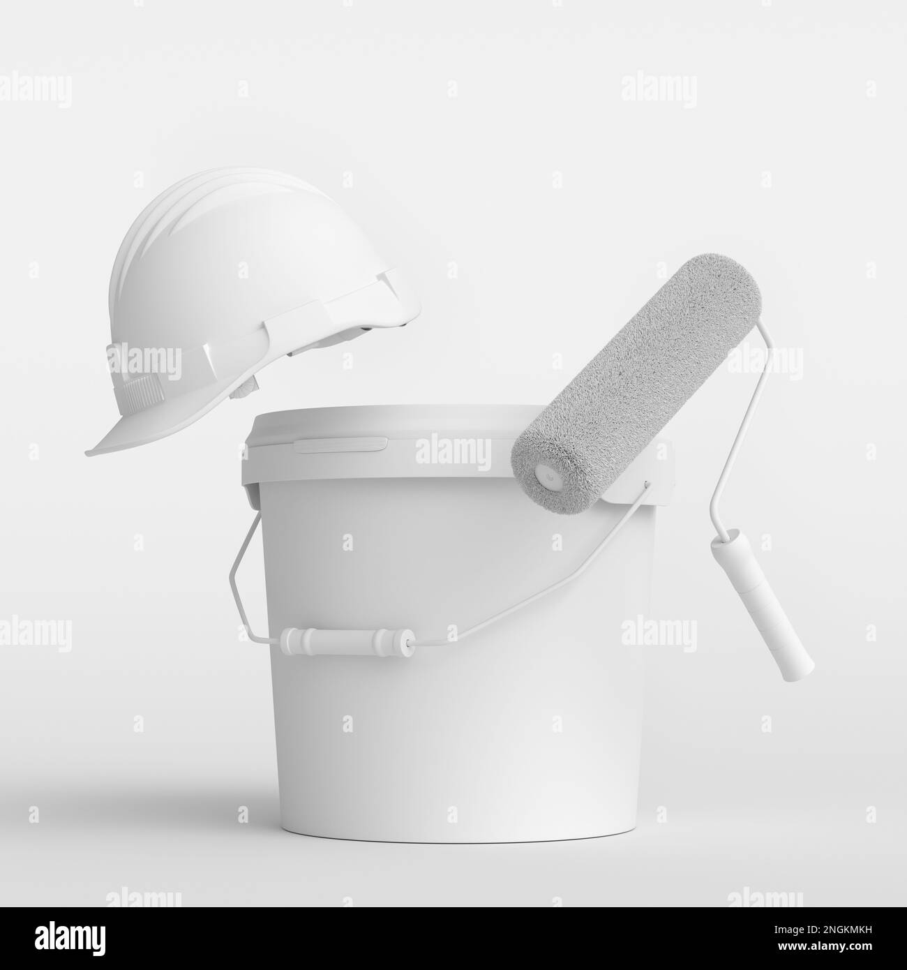 Set of safety helmet, bucket with paint rollers and brushes for painting walls on monochrome