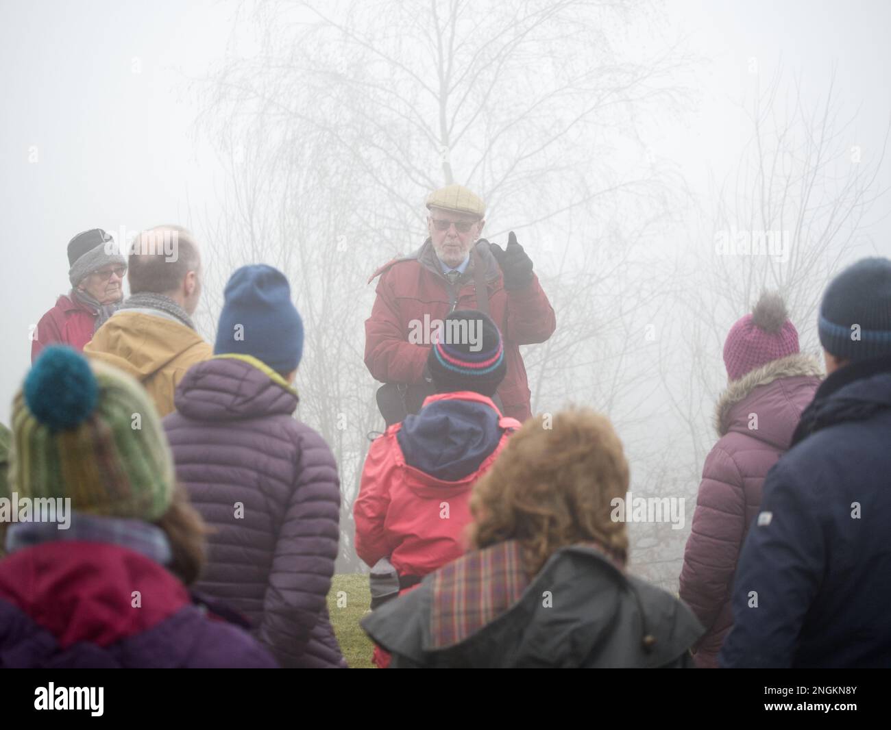 Local historian Mr. Alf Jenkins MBE, at the age of 86, giving a talk about the quarrying and mining heritage of Shropshire's Titterstone Clee Hill. Stock Photo