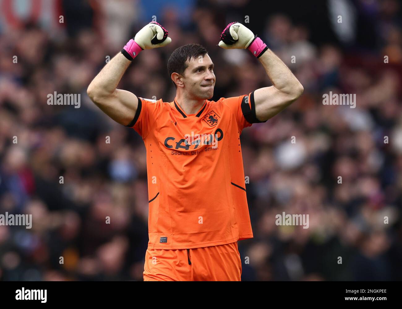 Birmingham, UK. 18th Feb, 2023. Emiliano Martinez of Aston Villa celebrates during the Premier League match at Villa Park, Birmingham. Picture credit should read: Darren Staples/Sportimage Credit: Sportimage/Alamy Live News Stock Photo