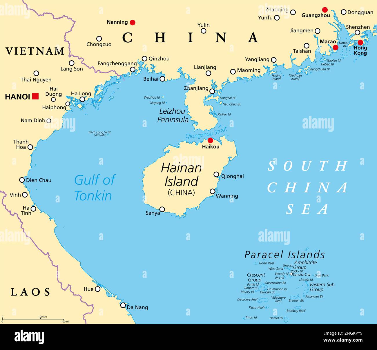 Hainan, southernmost province of China, and surrounding area, political map. Hainan Island, and the Paracel Islands, in the South China Sea. Stock Photo