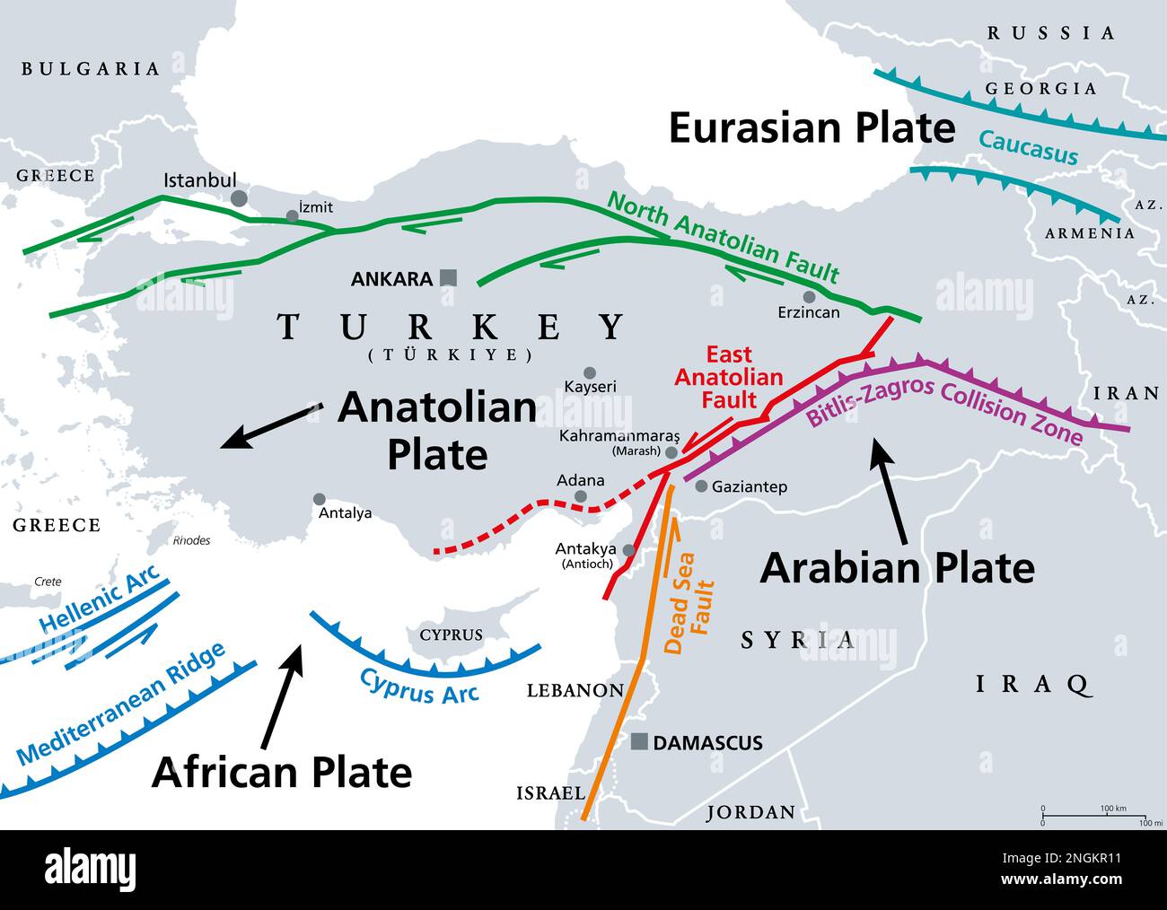 Anatolian Plate tectonics, gray map. Most of the country of Turkey is located on the Anatolian continental tectonic plate. Stock Photo