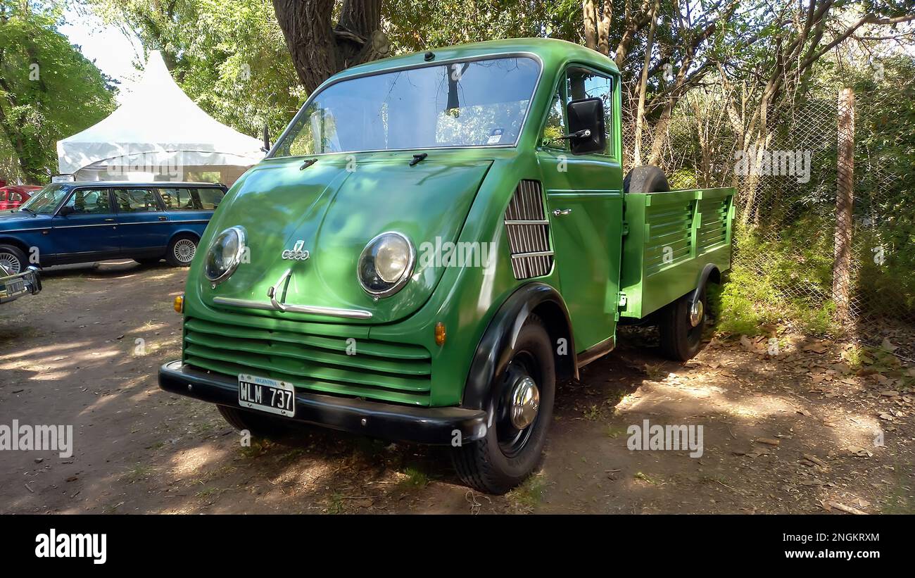 Old green 1962 Auto Union DKW Schnellaster F89 L frontal pickup truck in a park. Nature, grass, trees. Autoclasica 2022 classic car show. Stock Photo